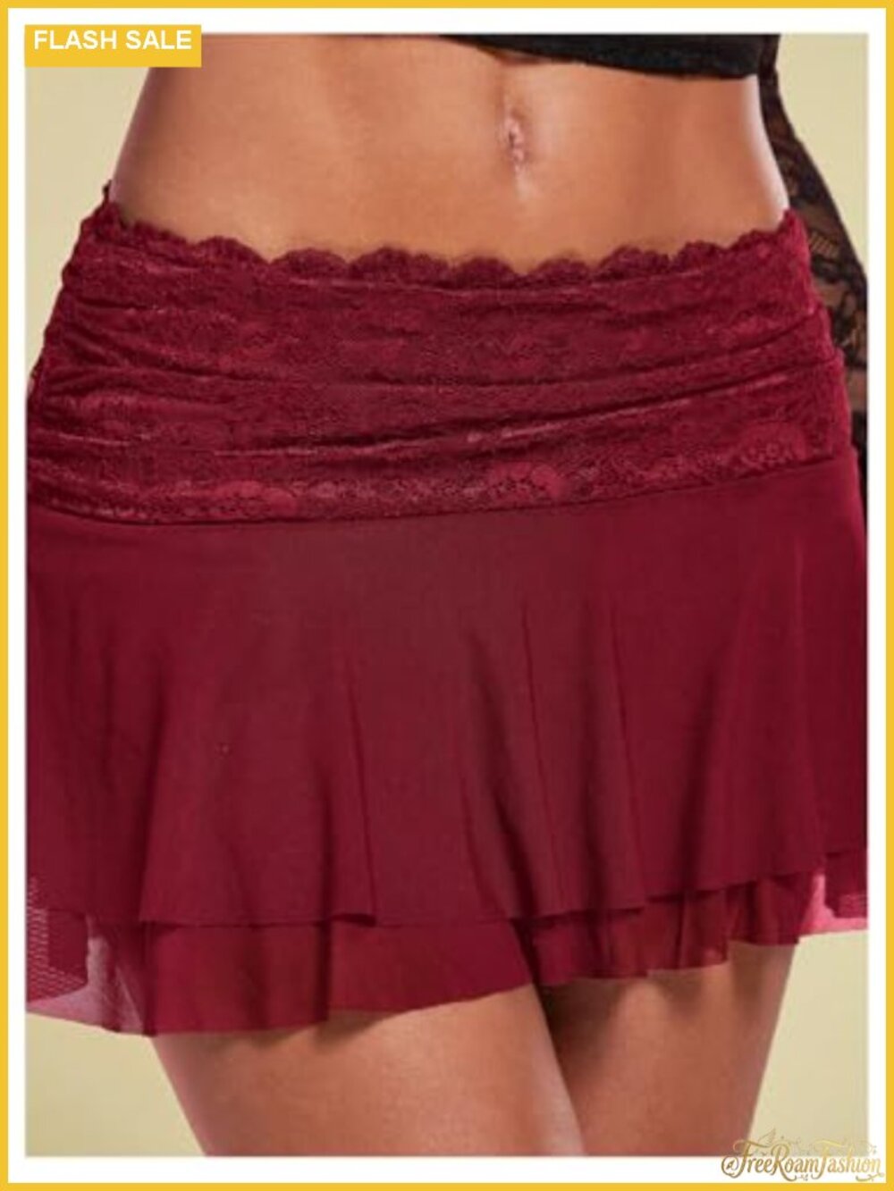 Women's Lace Mesh Y2K Layered Ruched Ruffle Low Waist Mini Skirt Skort - Picture 4 of 4